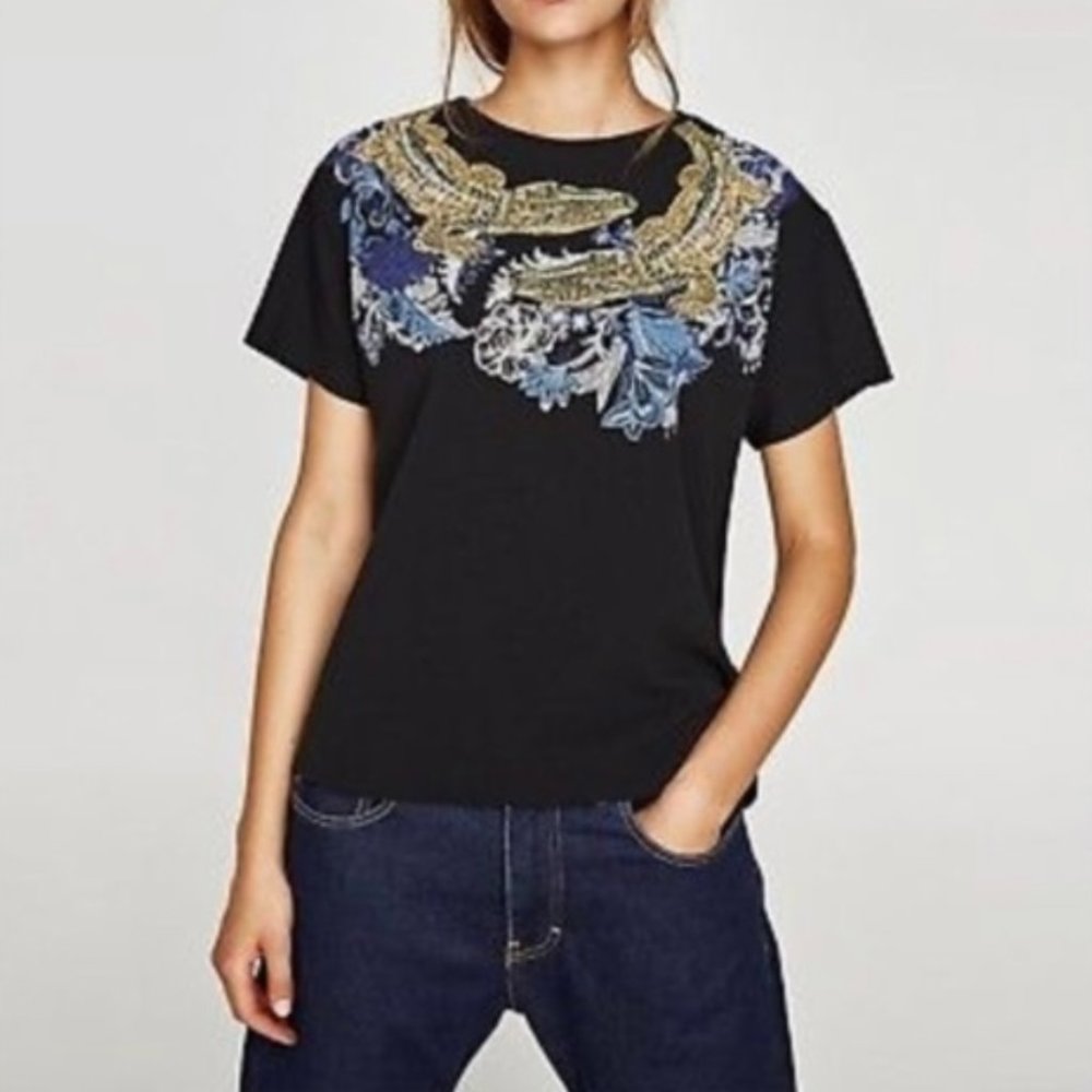 Zara Black Shirt with Blue & Gold Alligator Design